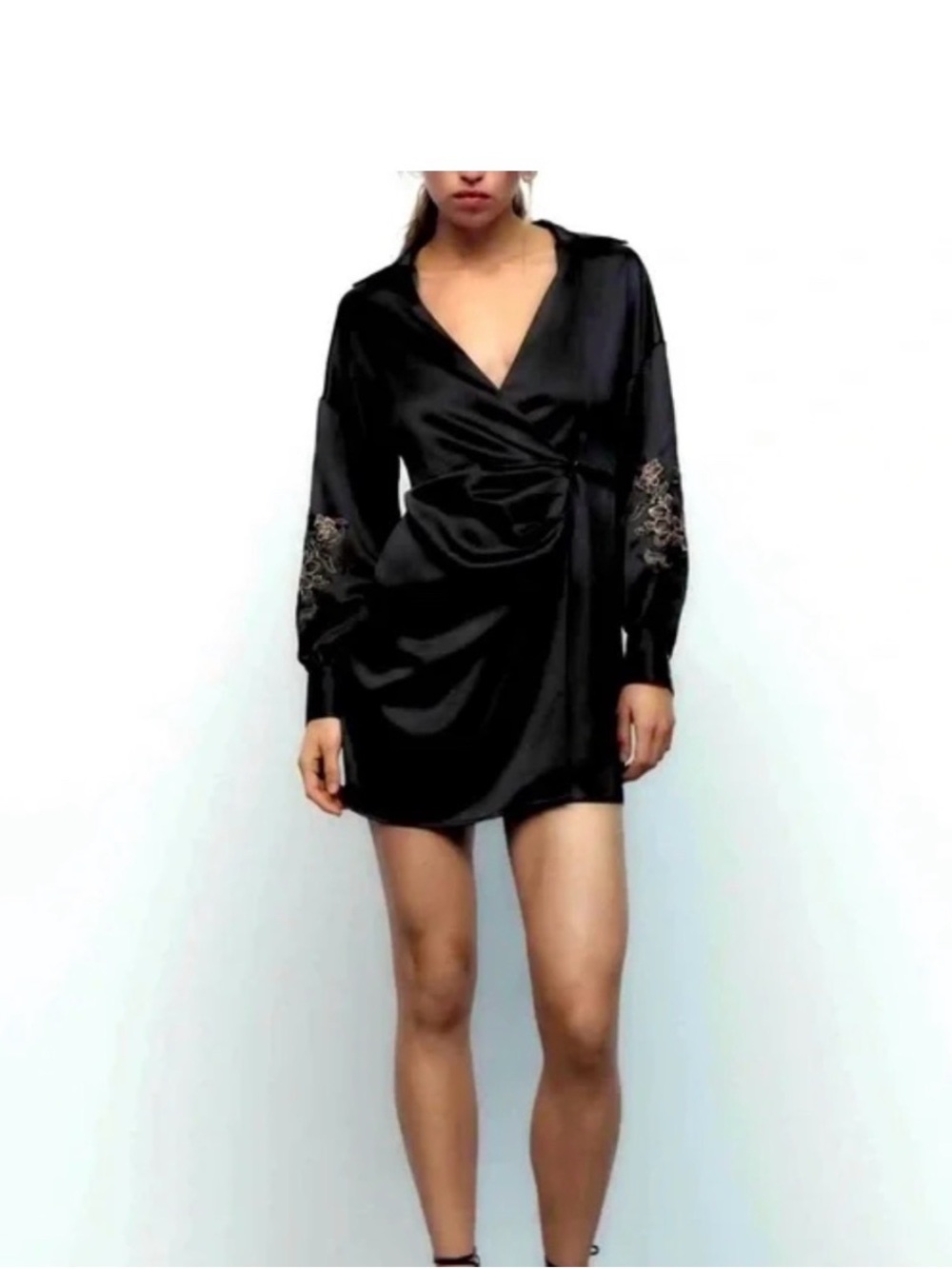 Zara Black Satin Mini Dress with Embroidered Sleeves